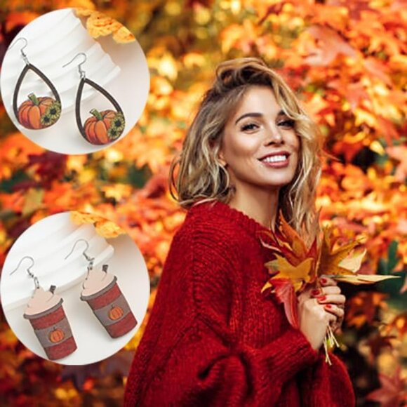 24PCS Thanksgiving Earrings Set Autumn Fall Earrings for Women, Wooden Maple Lea - Picture 6 of 6